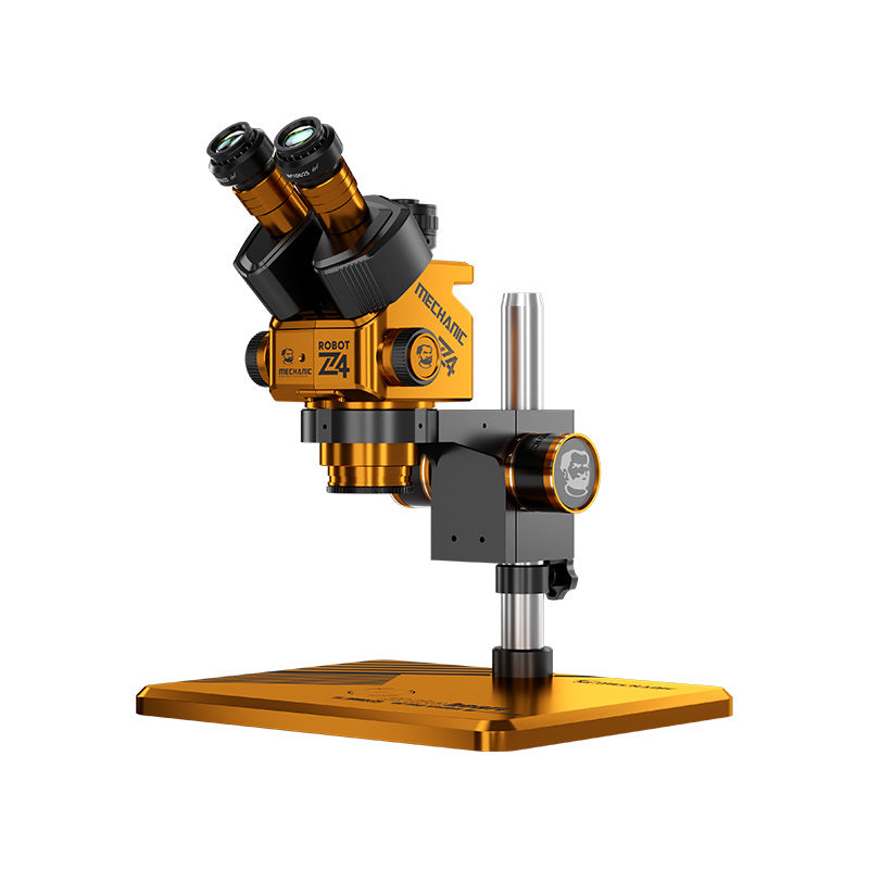 MECHANIC ROBOT Z4 60X TRINOCULAR STEREO MICROSCOPE - gold and black binocular microscope on a stand, featuring the text "MECHANIC" and "ROBOT Z4" on the housing and a portrait logo on the focus adjustment knob.