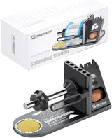 Mechanic RS5 Multi Functional Welding Soldering Iron Holder With Iron Tip Placement Hole Sponge Pad Tin Wire Placement Rack - shown with its black metal holder, sponge pad, tin wire rack, and matching product packaging box.