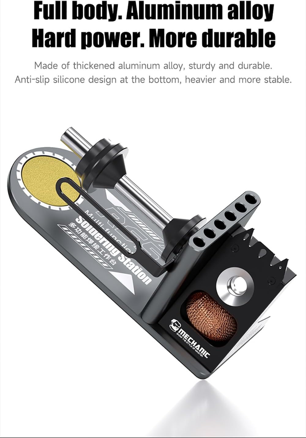 Mechanic RS5 Multi Functional Welding Soldering Iron Holder With Iron Tip Placement Hole Sponge Pad Tin Wire Placement Rack - a grey aluminum alloy stand featuring a wire rack, cleaning sponge, and tip storage holes.