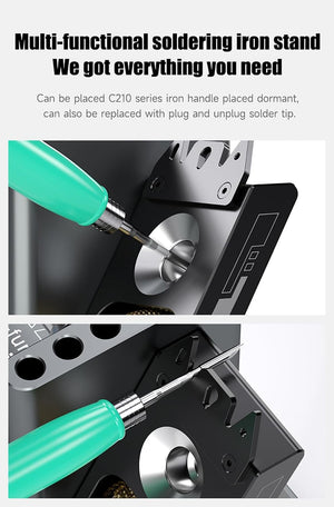 Mechanic RS5 Multi Functional Welding Soldering Iron Holder With Iron Tip Placement Hole Sponge Pad Tin Wire Placement Rack - a black metal holder with a green-handled iron tip being inserted into the slots.