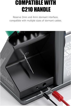 Mechanic RS5 Multi Functional Welding Soldering Iron Holder With Iron Tip Placement Hole Sponge Pad Tin Wire Placement Rack - a black metal stand with a central tip holder, two front ports, and two plug-in cables with red and black tips.