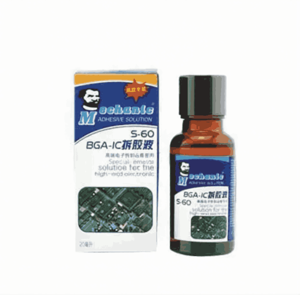 MECHANIC S60 BGA/IC GLUE REMOVING LIQUID FOR IPHONE - Glue Remover - a small brown glass bottle with a black cap next to its matching white and blue rectangular cardboard packaging, both featuring brand branding and circuit board art.