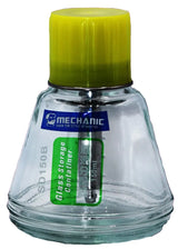 MECHANIC SD150B SOLUTION DISPENSER BOTTLE - clear glass storage bottle with a wide base, a lime-green screw-on cap, and a green label featuring the text "MECHANIC" and "Glass Storage Container 150ml".