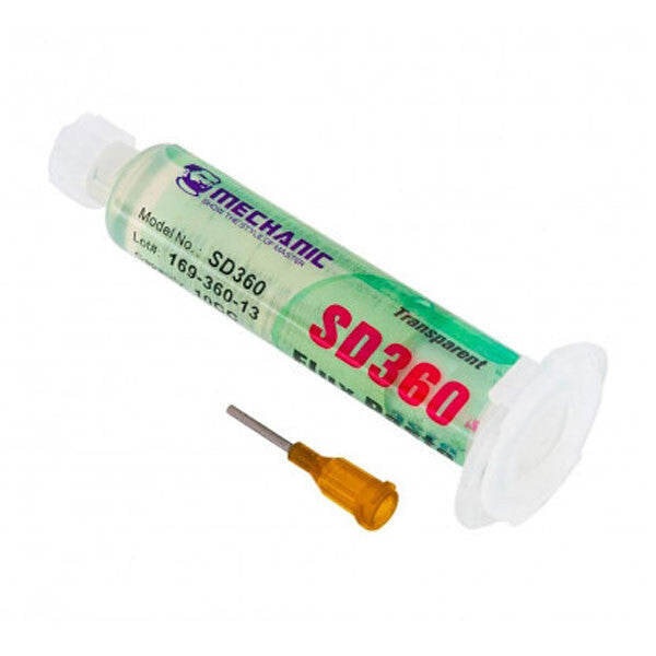 Mechanic SD360 10CC Solder Paste Flux Transparent No-clean Welding Flux For Mobile Phone PCB Pga BGA SMD Repair With Booster - shown as a transparent syringe with a green label and a separate orange needle tip on a white background.