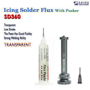 MECHANIC SD360 FLUX PASTE - Soldering Flux - transparent syringe containing flux paste, a grey metal pusher tool labeled "MECHANIC P09", and a separate small needle tip on a white background.
