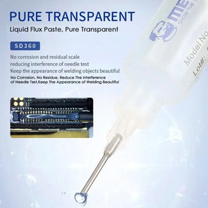 MECHANIC SD360 FLUX PASTE - Soldering Flux - a translucent plastic syringe filled with flux paste, featuring a thin metal needle tip and text labels including "SD360" and a logo on the tube body.
