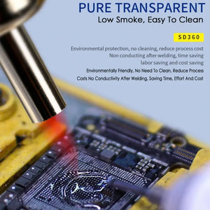 MECHANIC SD360 FLUX PASTE - Soldering Flux - a transparent gel being applied with a thin metal tool to a black circuit board component, overlaid with marketing text including "PURE TRANSPARENT" and "SD360".