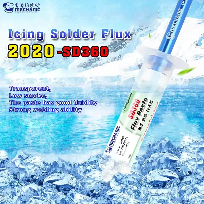 MECHANIC SD360 FLUX PASTE - Soldering Flux - clear plastic syringe containing solder flux, featuring a blue plunger and a white label with text including "SD360" and "MECHANIC" branding.