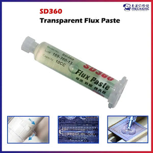 MECHANIC SD360 FLUX PASTE - Soldering Flux - a cylindrical transparent syringe filled with light-yellow flux paste, featuring white caps at both ends and black text label indicating model SD360 and 10cc capacity.
