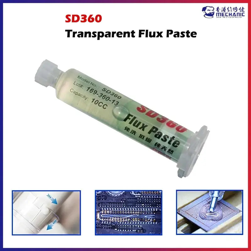 MECHANIC SD360 FLUX PASTE - Soldering Flux - a cylindrical transparent syringe filled with light-yellow flux paste, featuring white caps at both ends and black text label indicating model SD360 and 10cc capacity.