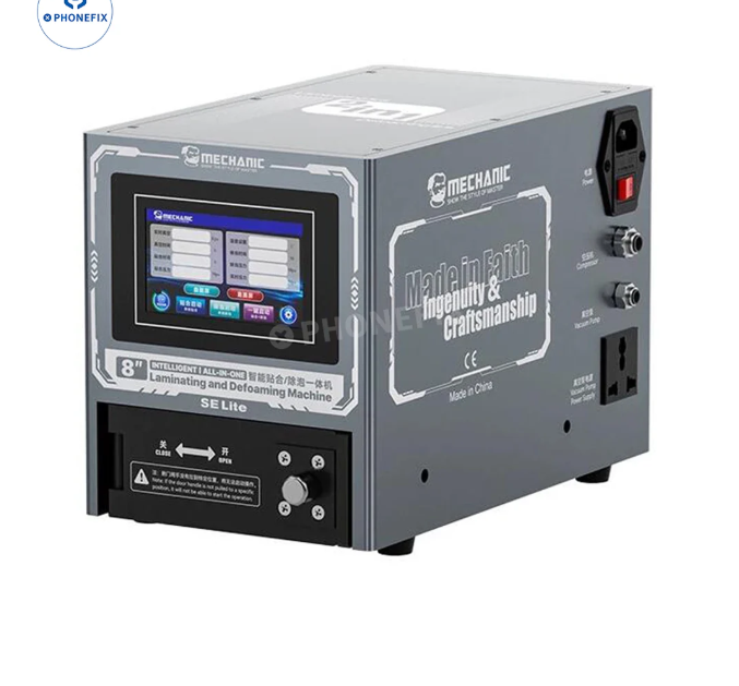 MECHANIC SE Lite INTELLIGENT LAMINATING and DEFOAMING MACHINE - grey rectangular mechanic brand laminating and defoaming machine with a front touch screen, black sliding compartment, and right-side power and pressure ports.
