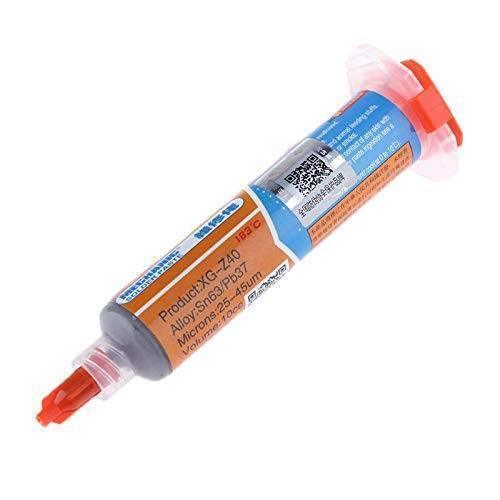 Mechanic Solder Paste In Syringe - shown as a blue and orange 10cc syringe with a red cap and nozzle, featuring printed product specifications.