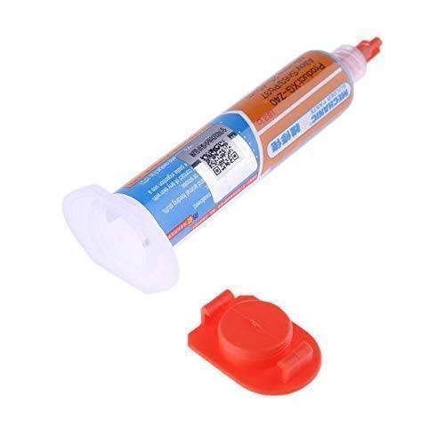 Mechanic Solder Paste In Syringe - shown as a blue and orange syringe-style tube with a white plunger and a detached red plastic cap.
