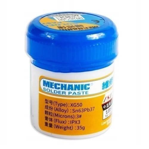 Mechanic Soldering Flux Paste 35gram Soldering Tin Mcn 300 Solder Welding Cream SN63 PB37 XG50 - white cylindrical plastic jar with a blue screw-top lid and a yellow label detailing product specifications.