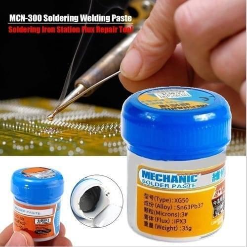 Mechanic Soldering Flux Paste 35gram Soldering Tin Mcn 300 Solder Welding Cream SN63 PB37 XG50 - a small white jar with a blue lid, a close-up of the open jar, and a soldering iron being used on a circuit board.