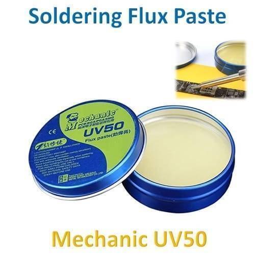 Mechanic Soldering Flux Paste PCB BGA Welding Flux Gel Tin MCN-UV50 - blue round tin container with its lid removed, shown alongside a small inset of the paste being applied.