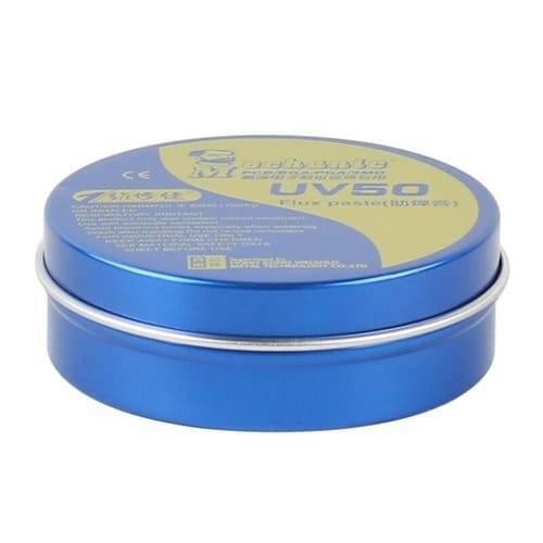 Mechanic Soldering Flux Paste PCB BGA Welding Flux Gel Tin MCN-UV50 - a round, blue metal tin with a gold lid featuring product branding and text.
