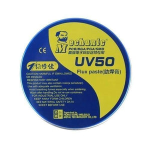 Mechanic Soldering Flux Paste PCB BGA Welding Flux Gel Tin MCN-UV50 - a round, blue and yellow metal tin container with product information and safety warnings printed on the lid.