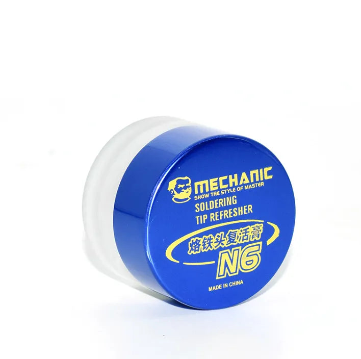 Mechanic Soldering Iron Tip Refresher Clean Paste S6 For Oxide Solder Iron Tip Head Resurrection - a small, round container with a blue lid featuring yellow text and a white translucent base.