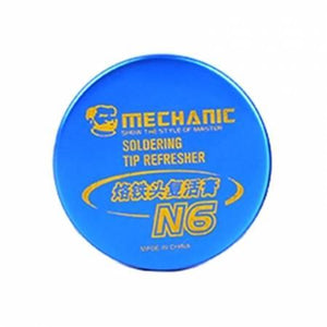 Mechanic Soldering Iron Tip Refresher Clean Paste S6 For Oxide Solder Iron Tip Head Resurrection - a round, blue metal container with yellow text on the lid indicating the product name and model.