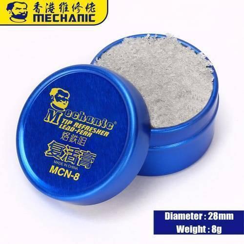 Mechanic Soldering Iron Tip Refresher Mcn 8 Tip Head Cleaner Paste Cream - a blue, circular metal tin shown open with its lid beside the base containing grey cleaning paste.