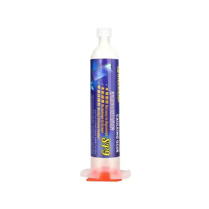 MECHANIC SP9 CAULKING GLUE WHITE - Adhesive - cylindrical white plastic tube of caulking glue with a purple label featuring text, icons, and the large yellow text "SP9" above an orange plunger.