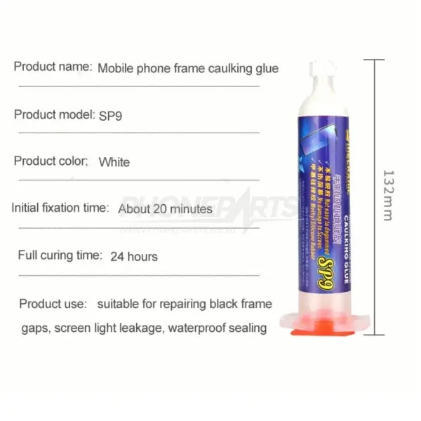 MECHANIC SP9 CAULKING GLUE WHITE - Adhesive - cylindrical tube of white caulking glue with a blue and purple label featuring text and a graphic, topped with a nozzle and orange base cap.