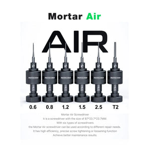 MECHANIC STAR 0.8 MORTAR SCREWDRIVER (AIR) - six black, cylindrical precision screwdrivers with knurled grips, featuring the text "MECHANIC" and corresponding tip sizes ranging from 0.6 to T2.
