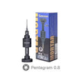 MECHANIC STAR 0.8 SCREWDRIVER - black cylindrical screwdriver with a thin tip and textured handle, standing next to a blue and gold retail box labeled mechanic mortar max.