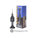 MECHANIC STAR 0.8 SCREWDRIVER - black cylindrical screwdriver with a thin tip and textured handle, standing next to a blue and gold retail box labeled mechanic mortar max.