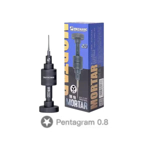 MECHANIC STAR 0.8 SCREWDRIVER - black cylindrical screwdriver with a thin tip and textured handle, standing next to a blue and gold retail box labeled mechanic mortar max.