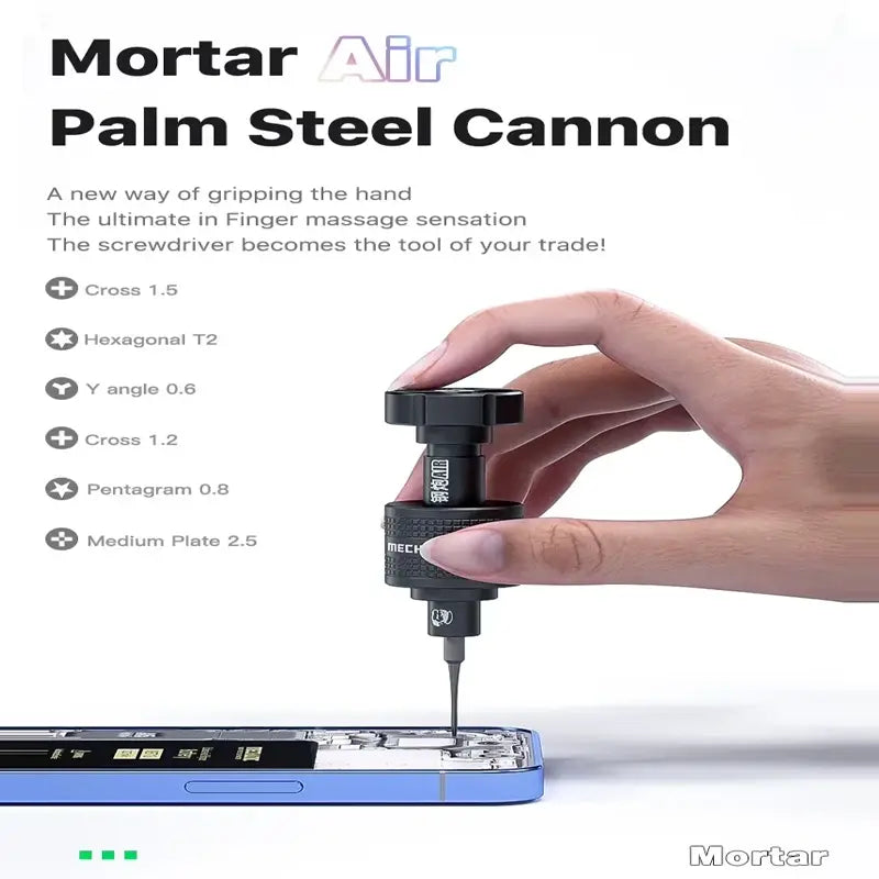MECHANIC STAR 0.8 SCREWDRIVER - a hand holding a black, cylindrical precision screwdriver tool with textured grip patterns and white branded text above a blue smartphone frame.