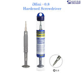 MECHANIC STAR 0.8 SCREWDRIVER (iMini) - grey metal precision screwdriver with a rotating base next to its clear plastic cylindrical storage tube featuring blue and yellow mechanic brand labels.