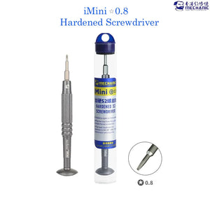 MECHANIC STAR 0.8 SCREWDRIVER (iMini) - grey metal precision screwdriver with a rotating base next to its clear plastic cylindrical storage tube featuring blue and yellow mechanic brand labels.