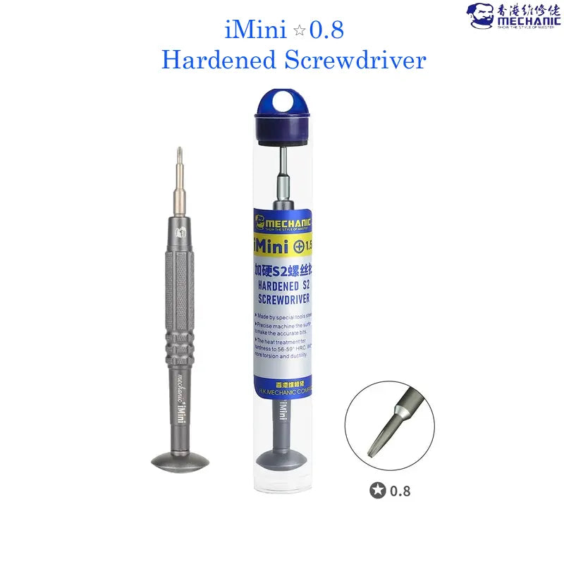 MECHANIC STAR 0.8 SCREWDRIVER (iMini) - grey metal precision screwdriver with a rotating base next to its clear plastic cylindrical storage tube featuring blue and yellow mechanic brand labels.