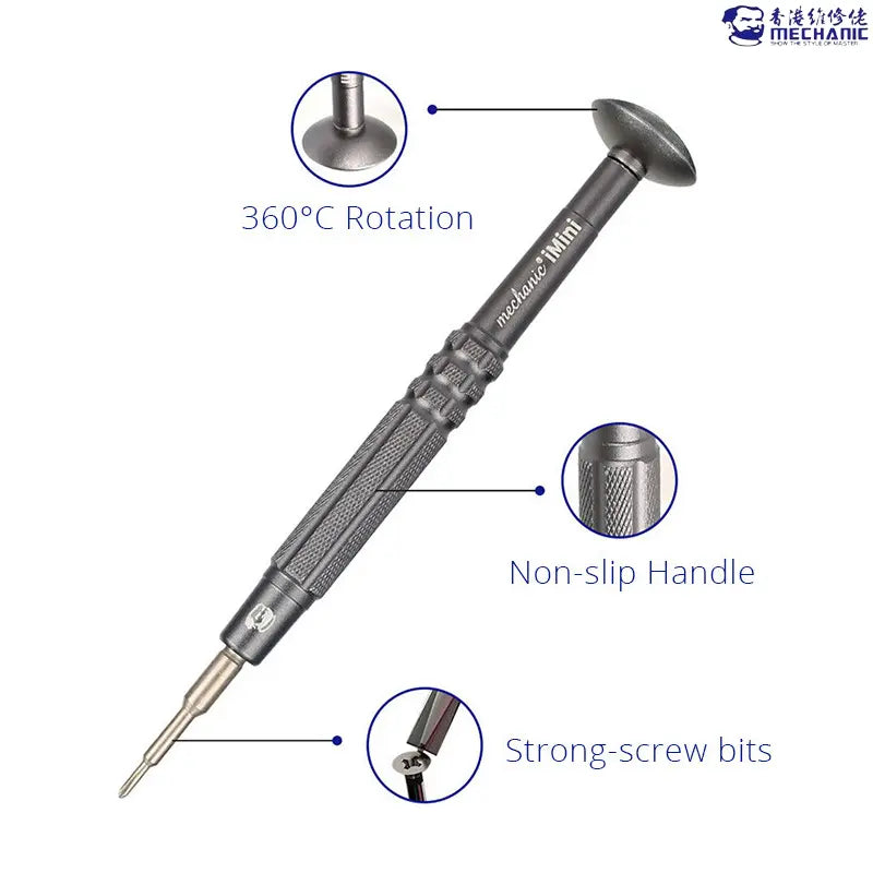 MECHANIC STAR 0.8 SCREWDRIVER (iMini) - grey precision screwdriver with a knurled non-slip handle and a flat rotating cap, marked with the text "mechanic iMini".