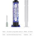 MECHANIC SU7 GREEN UV CURING MASKING PASTE - UV Curing Lamp - a cylindrical black syringe of uv solder mask ink with a blue cap and plunger, accompanied by a separate needle tip and a white plunger rod.