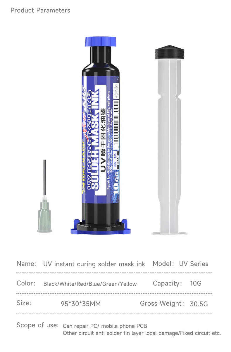 MECHANIC SU7 GREEN UV CURING MASKING PASTE - UV Curing Lamp - a cylindrical black syringe of uv solder mask ink with a blue cap and plunger, accompanied by a separate needle tip and a white plunger rod.