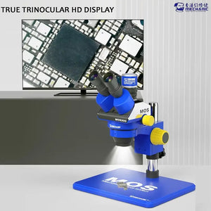 MECHANIC SUPER X PRO-B11 TRINOCULAR STEREO MICROSCOPE - blue and white trinocular microscope with yellow adjustment knobs on a matching square blue base, positioned in front of a monitor displaying a circuit board.