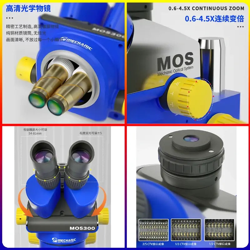 MECHANIC SUPER X PRO-B11 TRINOCULAR STEREO MICROSCOPE - blue and silver binocular microscope head featuring yellow adjustment knobs, dual metallic objective lenses, eyepiece tubes, and branded with MOS and MECHANIC text.