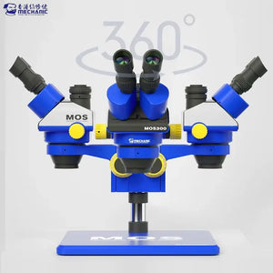 MECHANIC SUPER X PRO-B11 TRINOCULAR STEREO MICROSCOPE - blue and white industrial binocular microscope with three objective lens heads, yellow adjustment knobs, and MOS300 branding on a flat rectangular base.