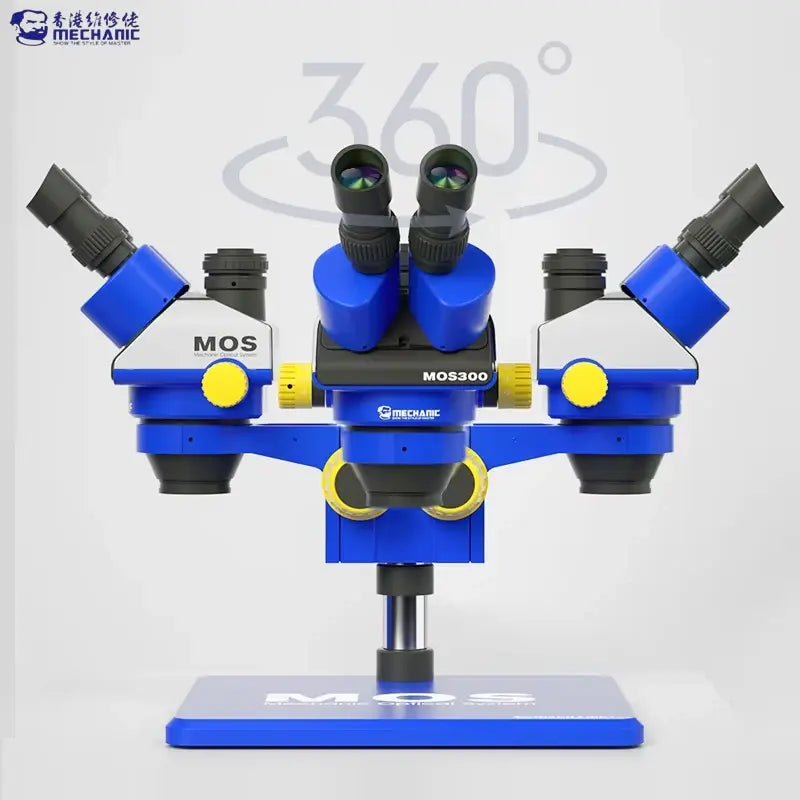 MECHANIC SUPER X PRO-B11 TRINOCULAR STEREO MICROSCOPE - blue and white industrial binocular microscope with three objective lens heads, yellow adjustment knobs, and MOS300 branding on a flat rectangular base.