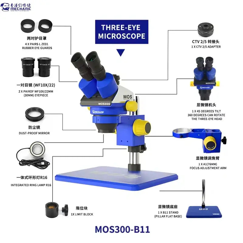 MECHANIC SUPER X PRO-B11 TRINOCULAR STEREO MICROSCOPE - blue and silver three-eye microscope with a flat base, rubber eye guards, ring lamp, and yellow adjustment knobs, presented with individual accessory callouts.