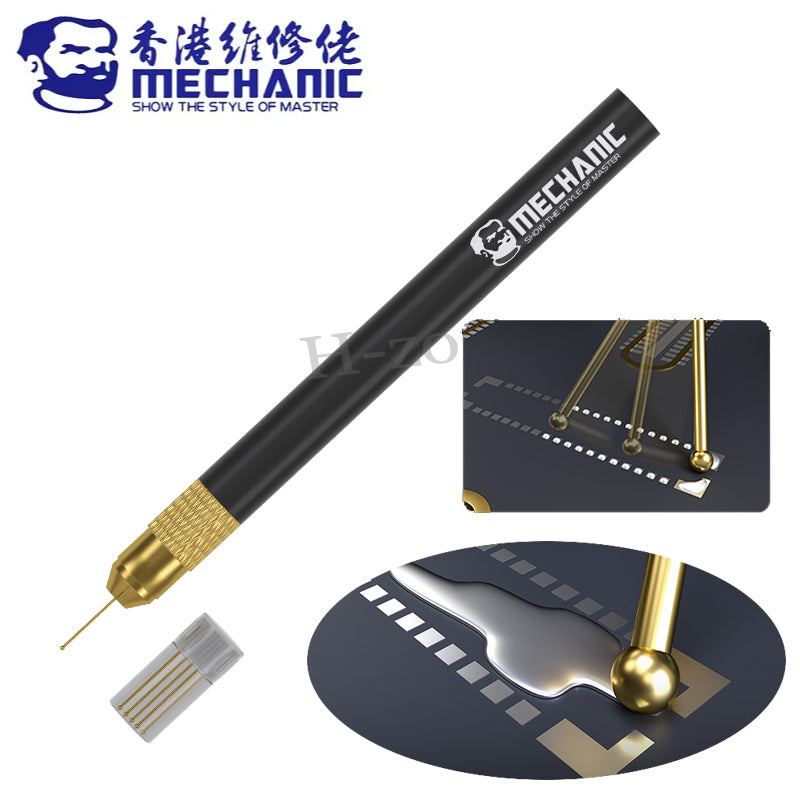 MECHANIC SW-5S TIN DRAGGING NEEDLE SET - Repair Tool - black pen-style tool with a knurled gold grip, a thin metallic tip, and the white "MECHANIC" brand logo, accompanied by a small clear case of spare gold tips.