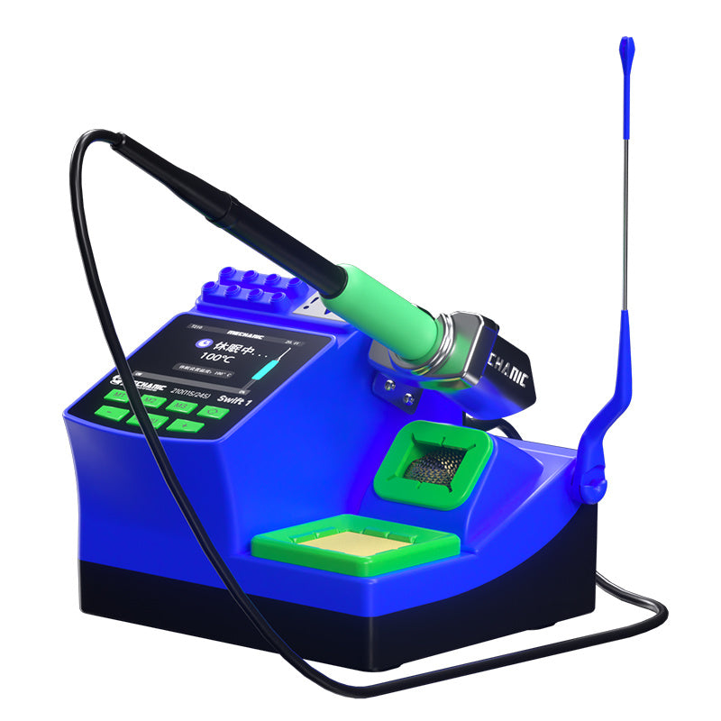 MECHANIC SWIFT 1 SOLDERING STATION (C210) - blue and black soldering station with a digital screen, green buttons, a green-handled iron, a wire cleaning sponge, and a vertical blue antenna attachment.