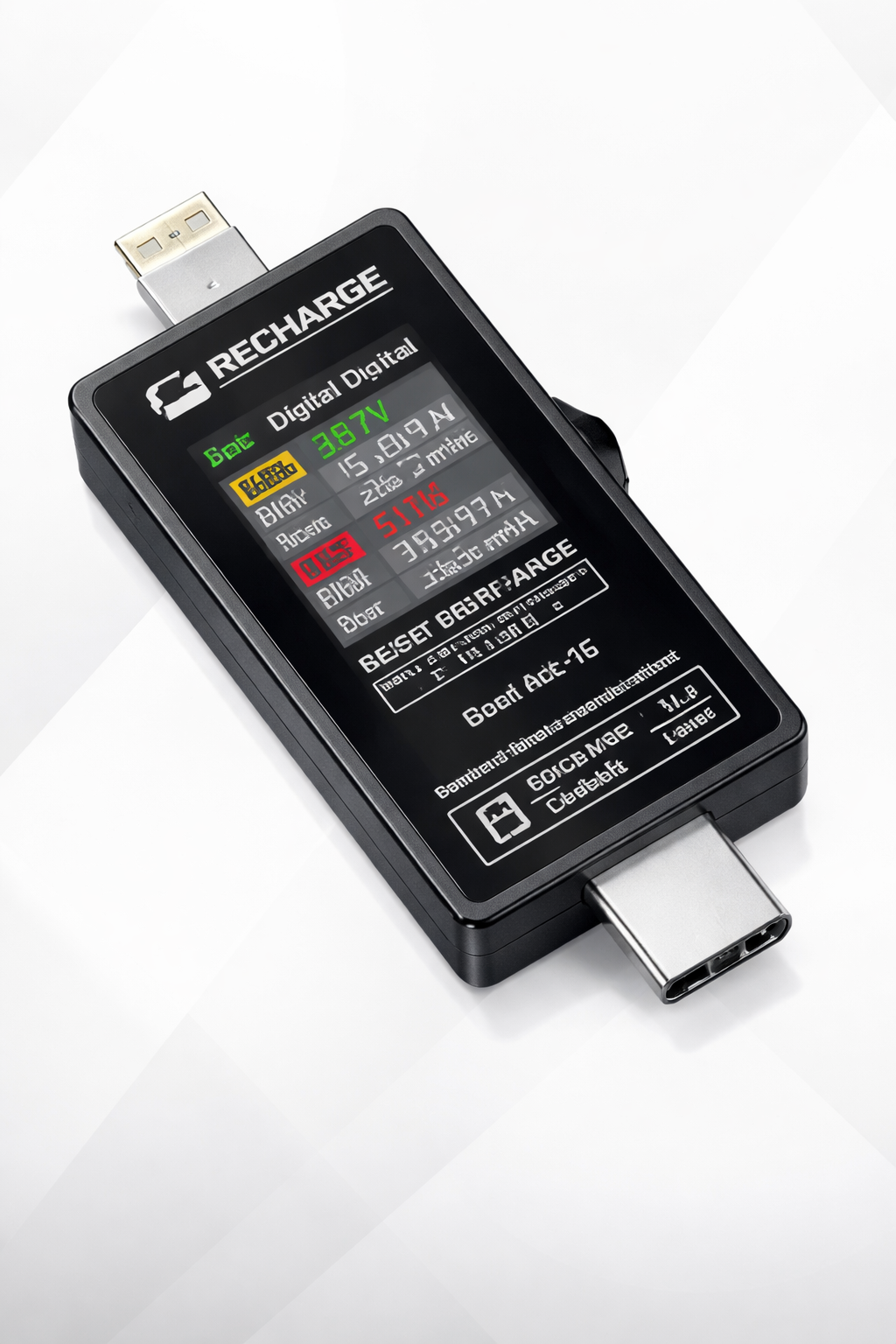 Mechanic T-824 Charging Port Pin Tester Current Power Check Type-C 8 Pin Phones - a black rectangular device with a digital display showing data, a USB-C connector, and a top-mounted port.