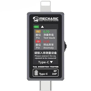 Mechanic T-824 Charging Port Pin Tester Current Power Check Type-C 8 Pin Phones - a grey rectangular device with a digital screen displaying pin test data, a Lightning connector, and a Type-C port.