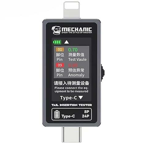 Mechanic T-824 Charging Port Pin Tester Current Power Check Type-C 8 Pin Phones - a grey rectangular device with a digital screen displaying pin test data, a Lightning connector, and a Type-C port.