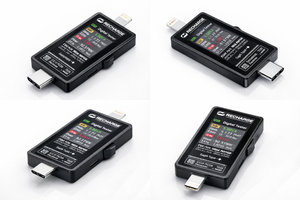 Mechanic T-824 Charging Port Pin Tester Current Power Check Type-C 8 Pin Phones - four views of the black rectangular device with a digital display, a Type-C connector, and a side button.
