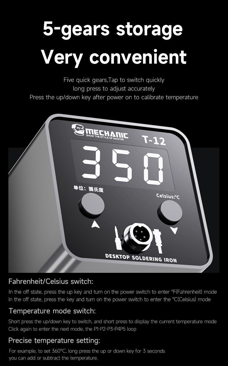 Mechanic T12 Desktop Soldering Iron Station - a black control unit with a digital display reading 350 and two circular up and down buttons.